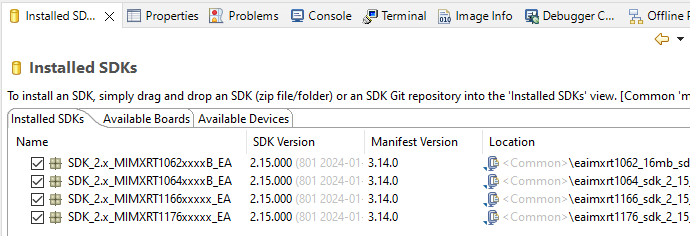 MCUXpresso - Installed SDKs